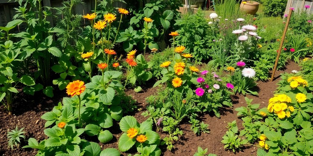Grădină de permacultură, plante și legume diverse.