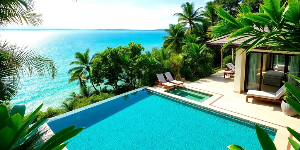 Phuket villa with clear blue sky and ocean.