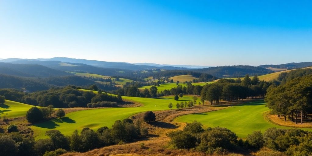 Scenic golf course with lush greenery and blue sky.