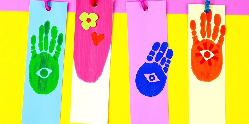 Colorful handmade fingerprint bookmarks for Mother's Day.