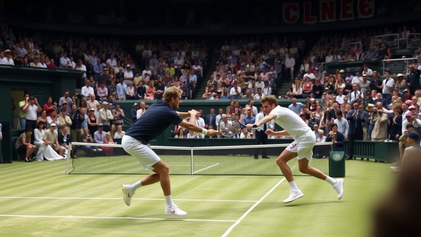 Jogadores de tênis em partida intensa em Wimbledon.