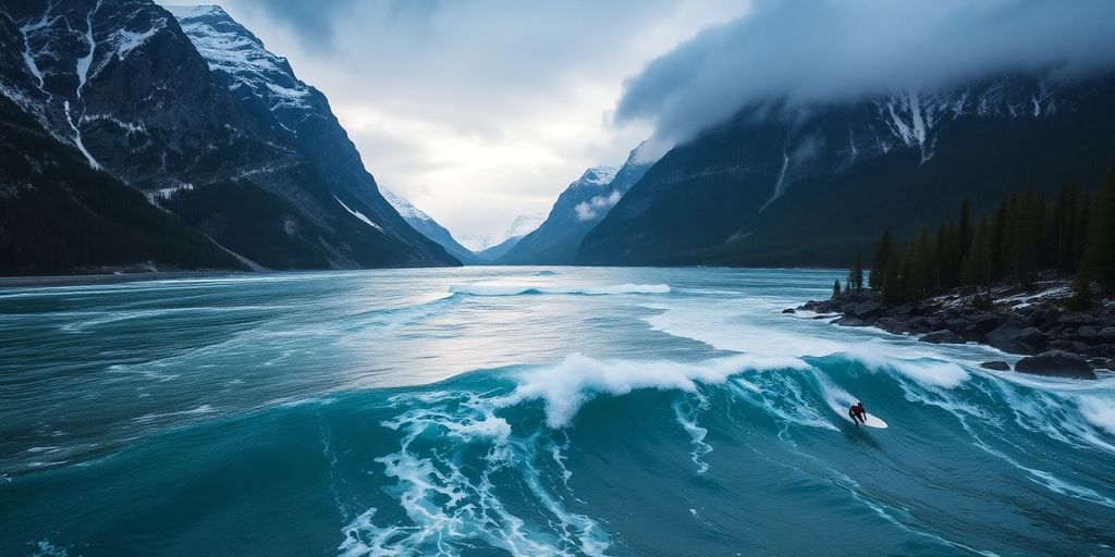 Aerial view of a surfer on a wave in Alaska.