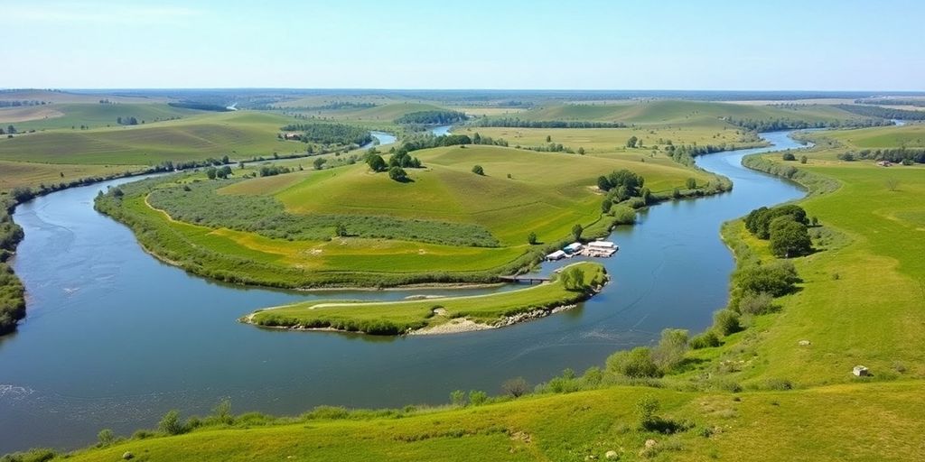 Arkansas landscape with a winding river and scattered properties.