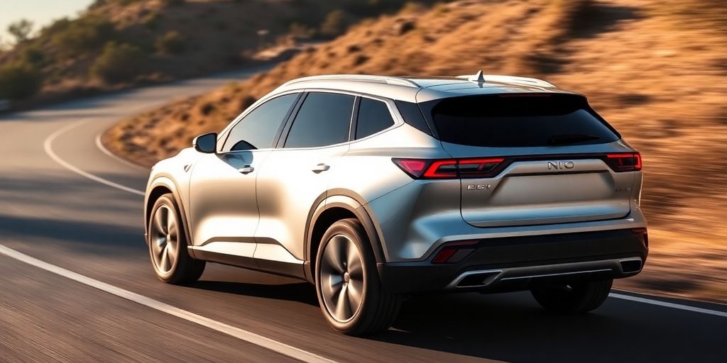 NIO ES8 SUV driving on a scenic road.