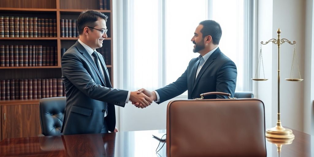 Broker and entrepreneur shaking hands in bright modern office setting.