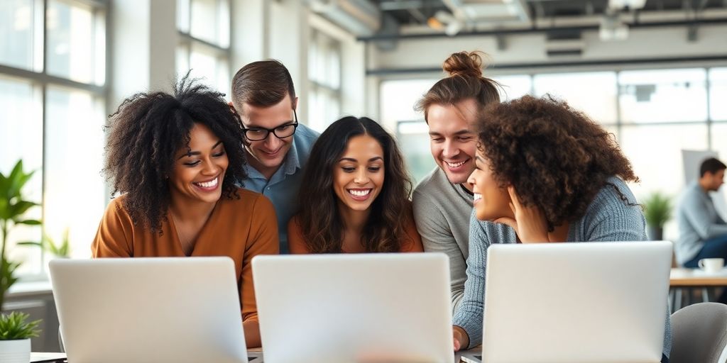 Diverse employees collaborating in a modern office setting.