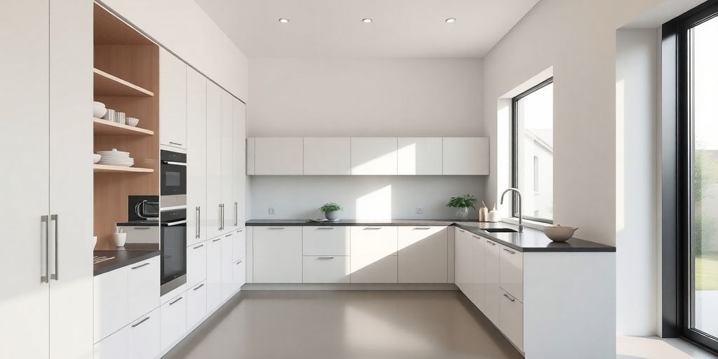 Modern minimalist kitchen with concealed storage and natural light.