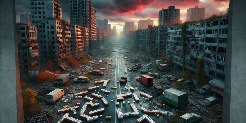 Mahjong tiles in a post-apocalyptic cityscape