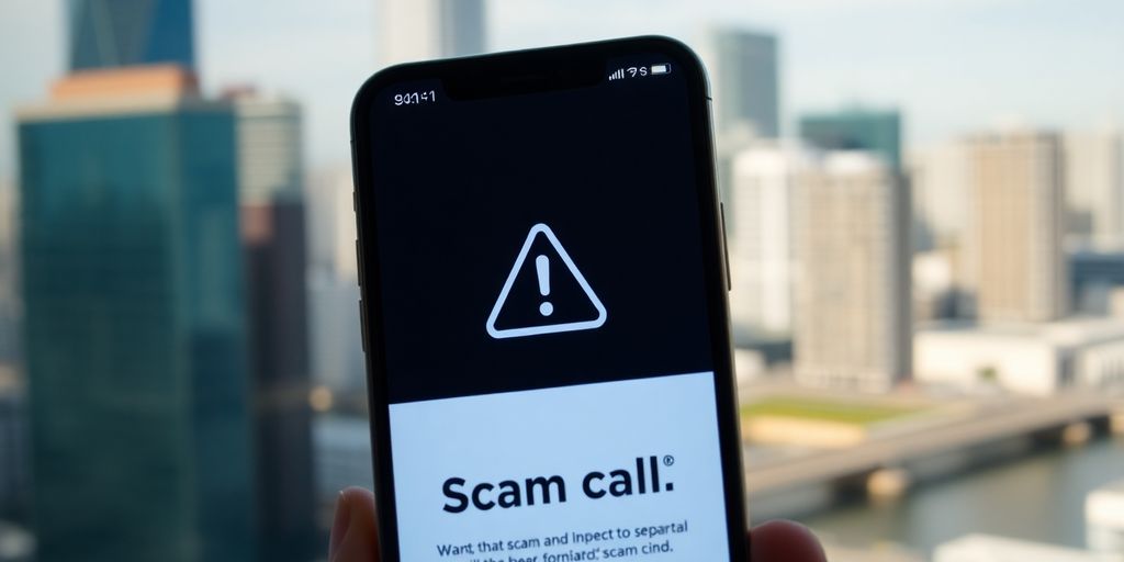 Smartphone with warning icon against blurred city background.