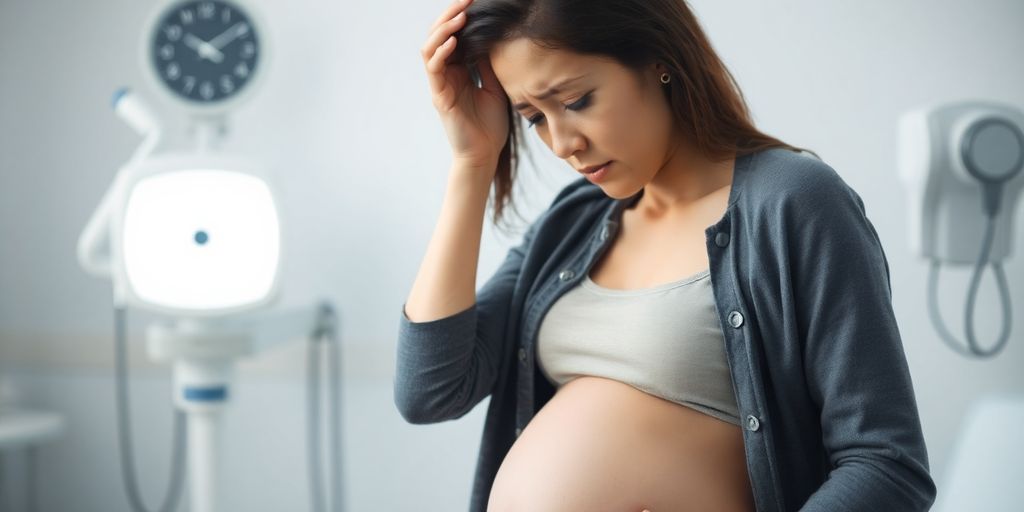 Mulher grávida preocupada segurando a barriga.