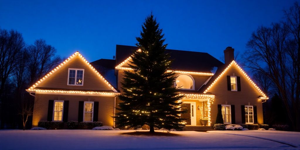 Professionally installed Christmas lights on a Ladue home.