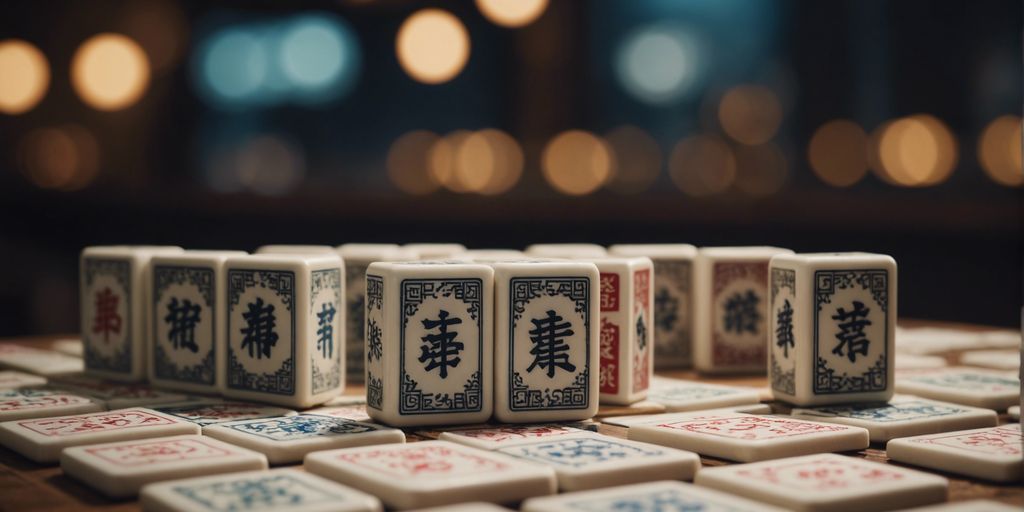 Mahjong wind tiles displayed with historical context elements.
