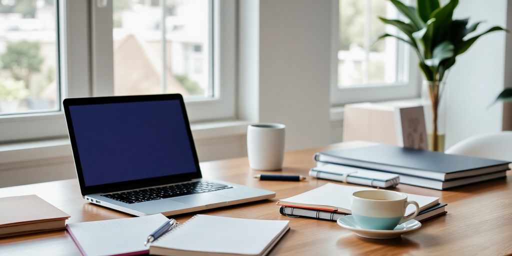 A workspace with a laptop and notebooks.