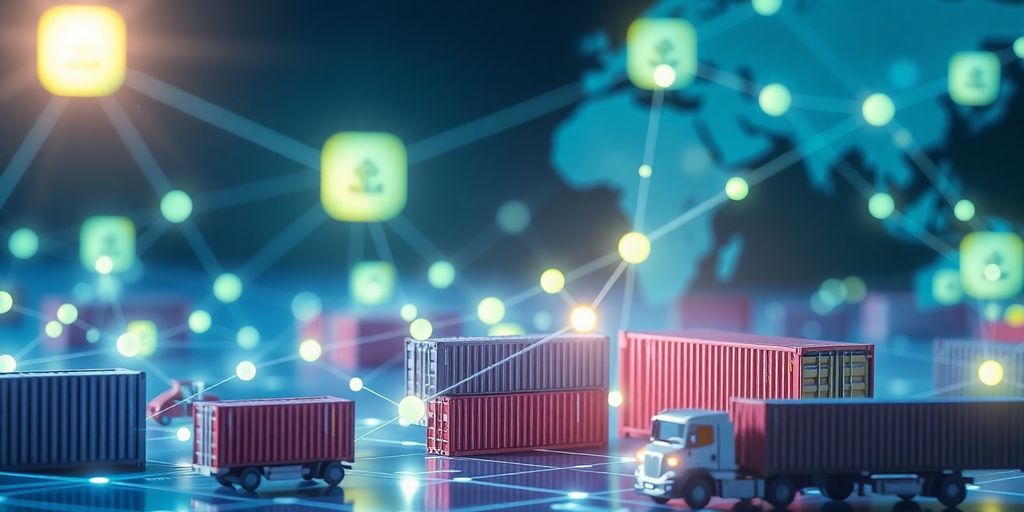 Interconnected glowing blocks and shipping containers.