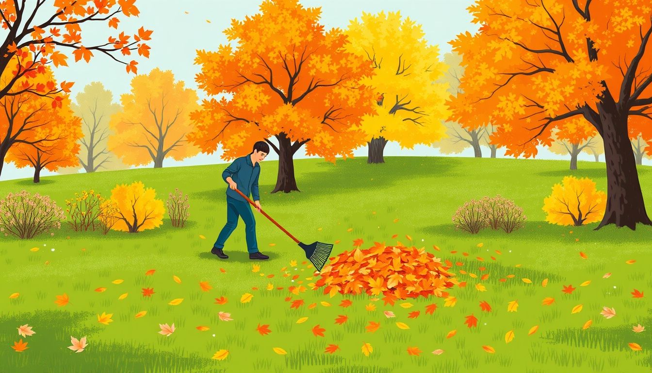 Person raking leaves on a green lawn
