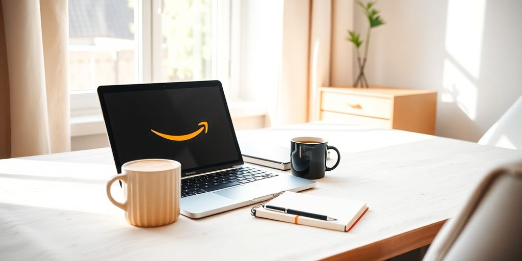 Cozy home office with laptop and coffee mug.