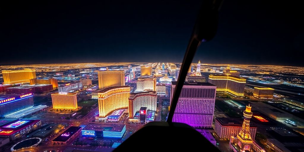A helicopter flying over the Las Vegas Strip at night.