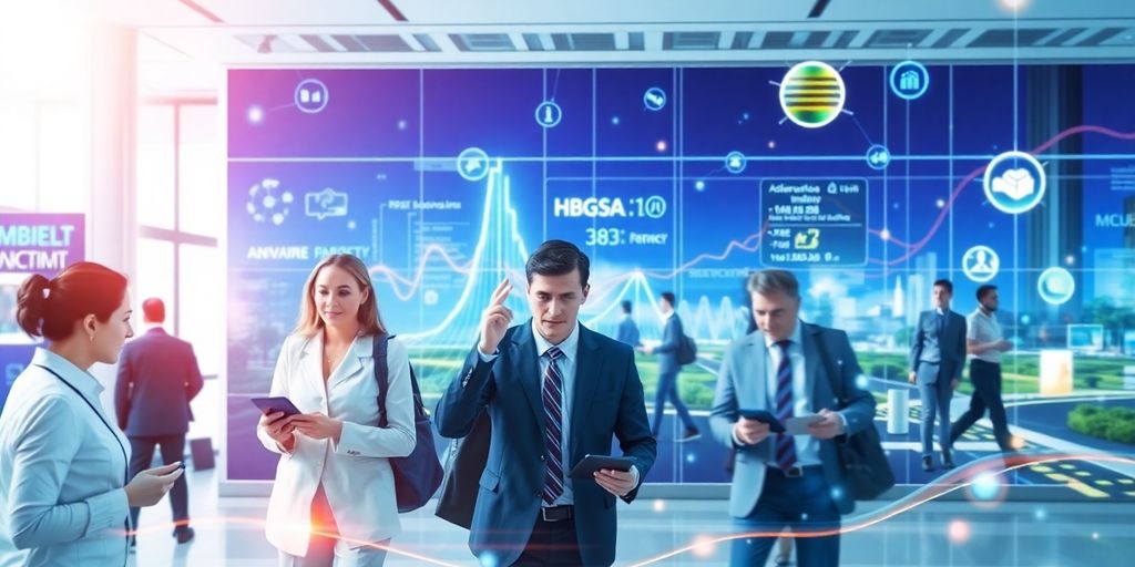 Pharmaceutical professionals interacting with digital interfaces.