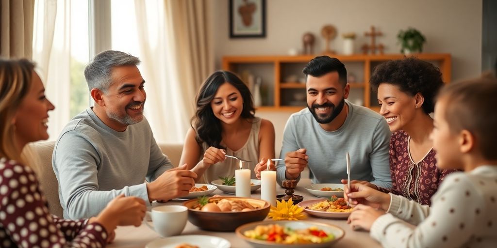 Family gathered around a table, sharing a meal.