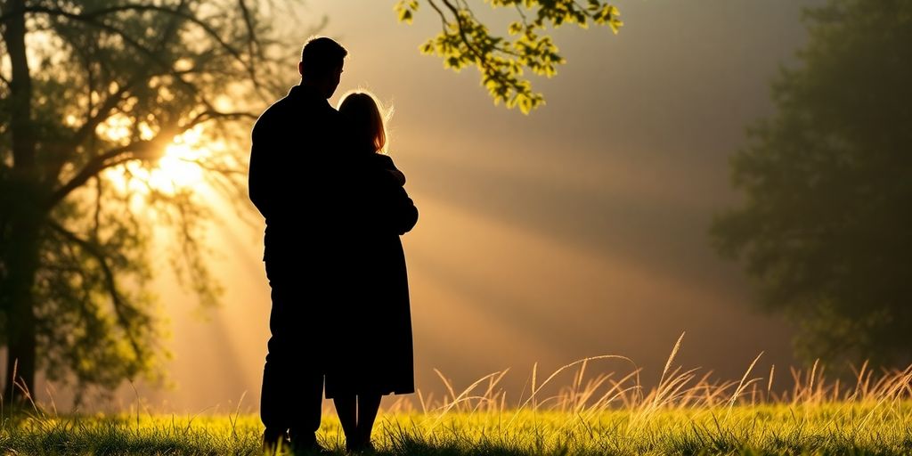 Silhouettes of two figures in a tranquil landscape.