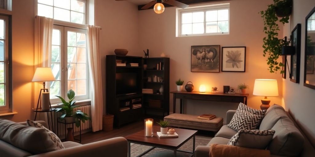 Welcoming interior of an Airbnb rental, warm and decorated.