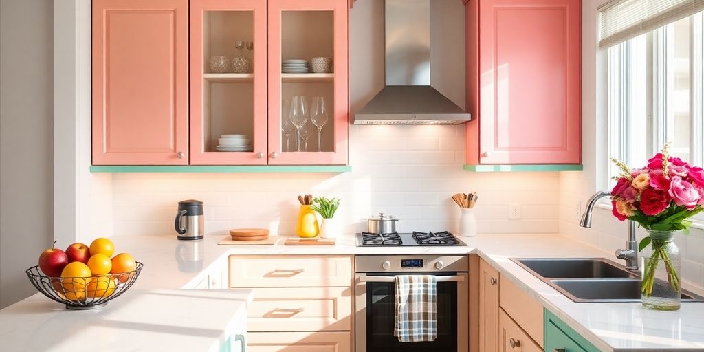 Colorful kitchen with painted cabinets and fresh decor.