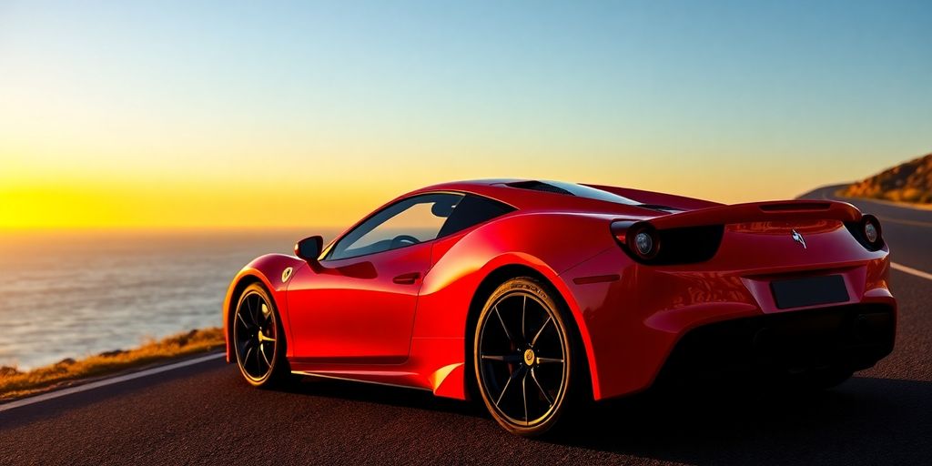 Red supercar parked on a scenic road.