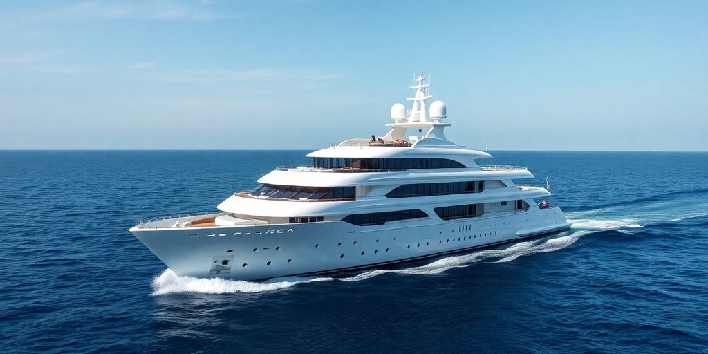 Palladium superyacht sailing on blue ocean water.