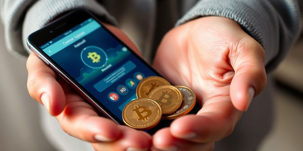 Hands holding phone, crypto coins, secure transaction.