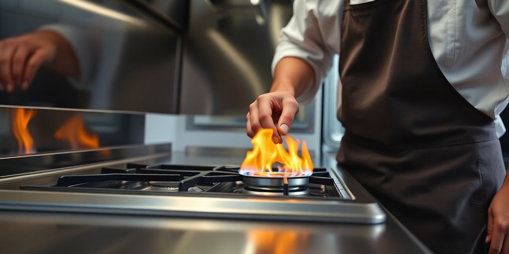 Chef checks gas hob on catering van.