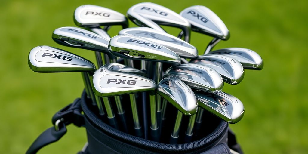 PXG golf clubs in a tour bag.