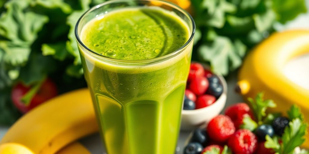 Green smoothie, vibrant fruits, healthy gut.