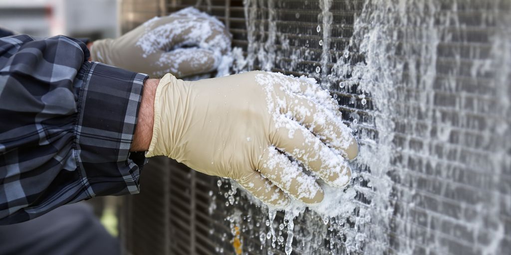 HVAC technician performing maintenance on an air conditioner unit.