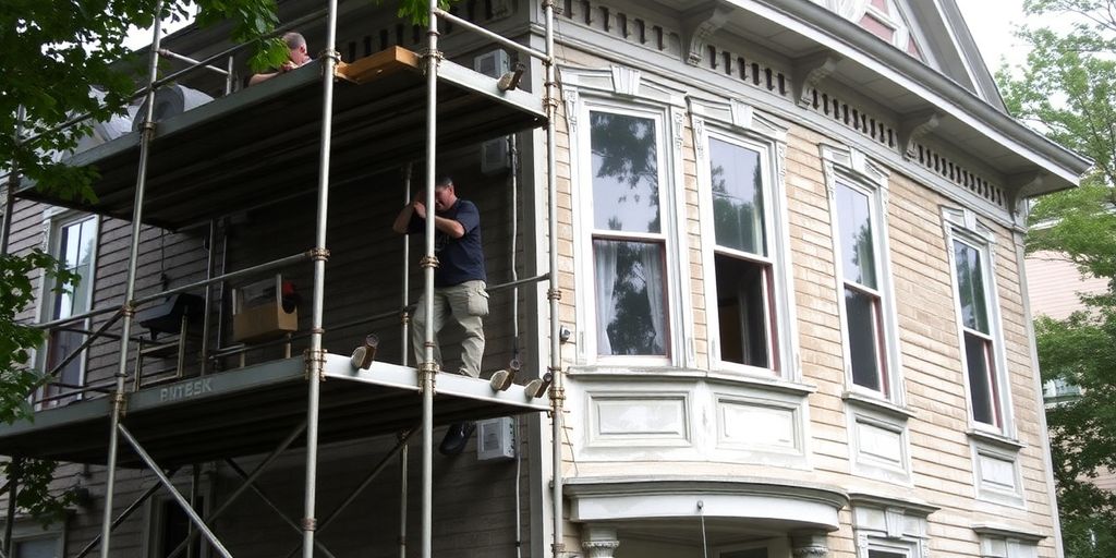 Historic home exterior undergoing restoration.