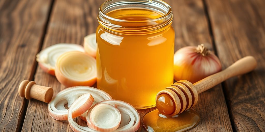 Jar of honey with sliced onions