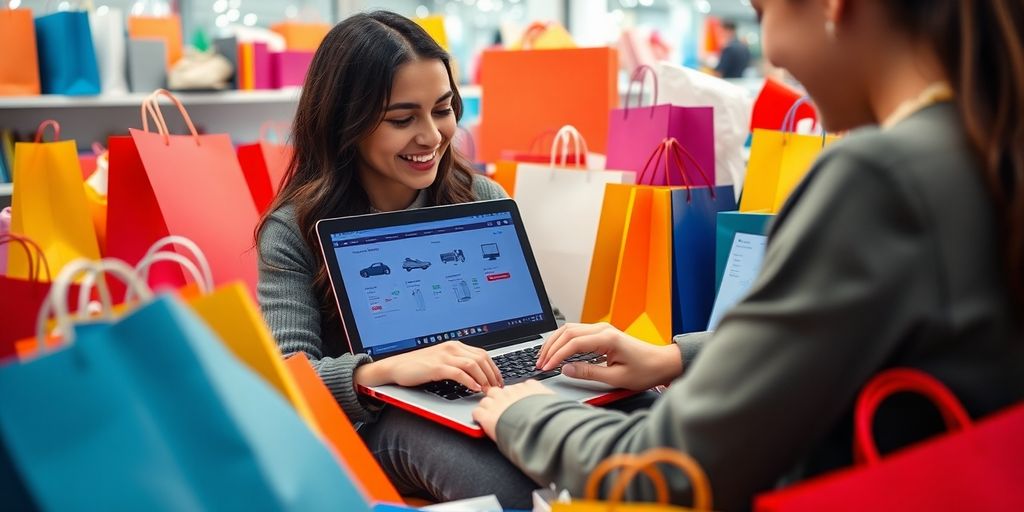 Person vergleicht Preise am Laptop mit Einkaufstaschen.
