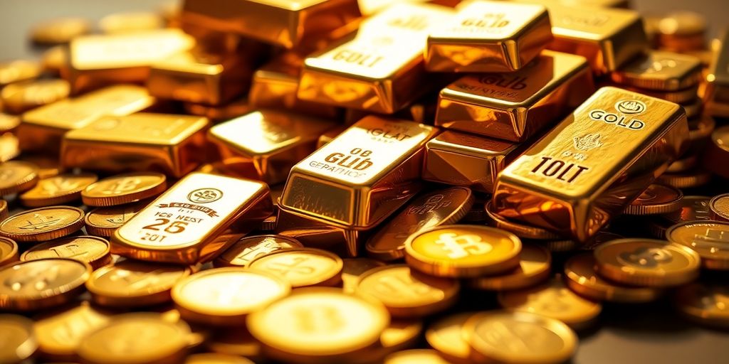 Lingots d'or brillants et pièces sur une table