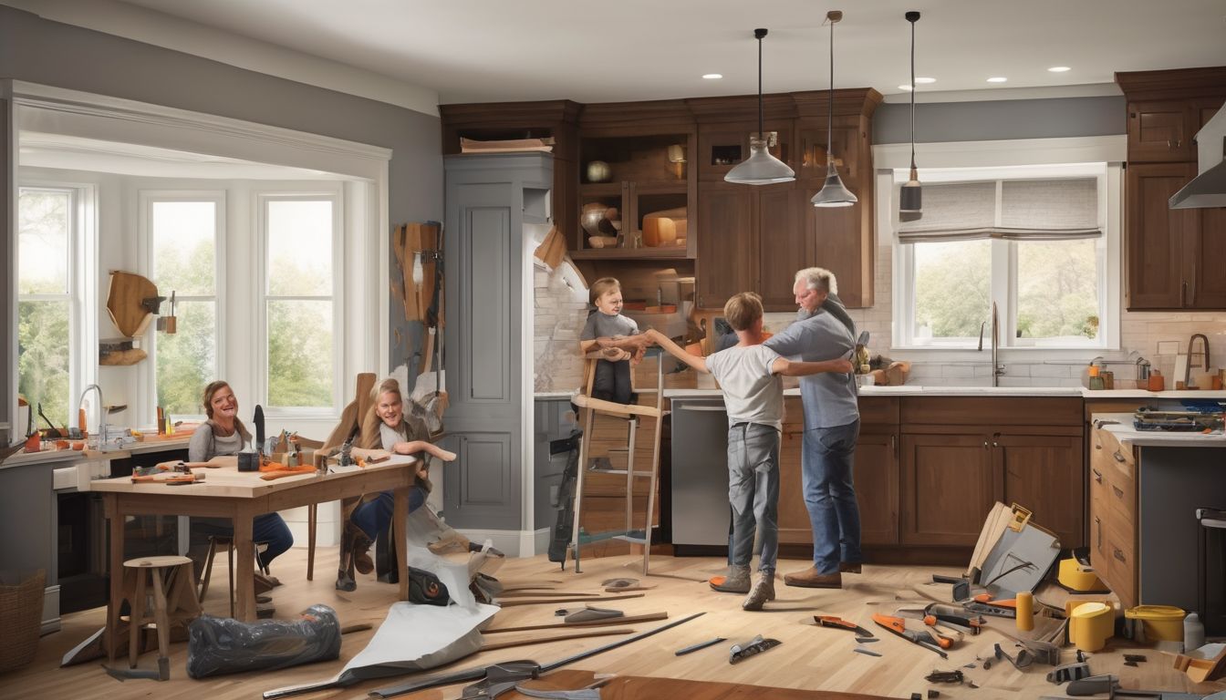 family in a renovated home, celebrating completion, surrounded by tools and construction materials
