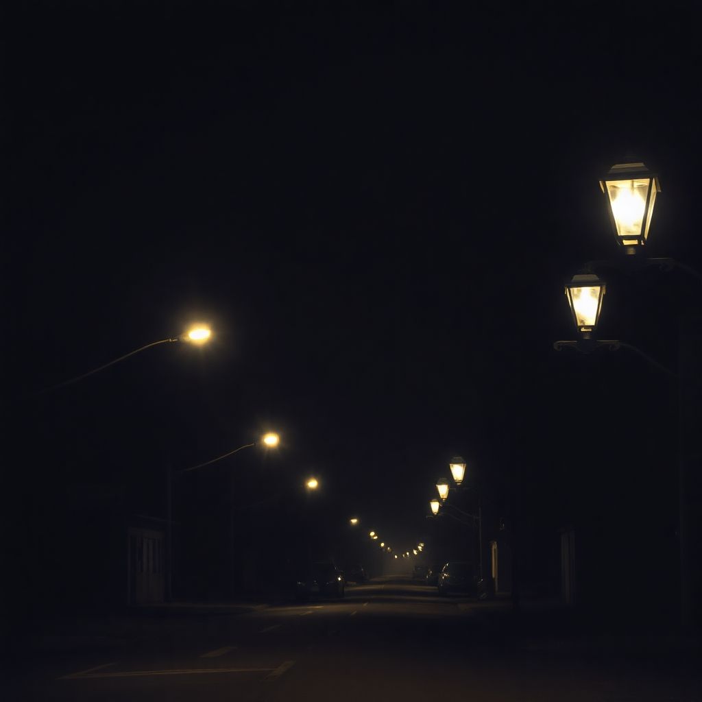 Dim, flickering Austin street lights at night.