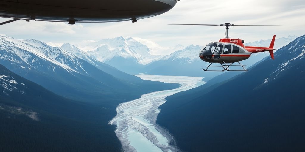 A helicopter with a Bambi bucket flies over Alaskan mountains.