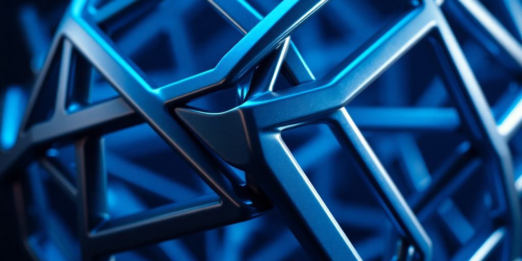 Abstract geometric shapes on dark background. Vibrant blue hues.