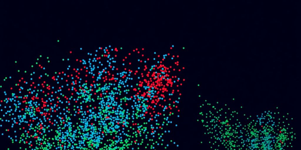 Colorful clusters scattered across a dark background.