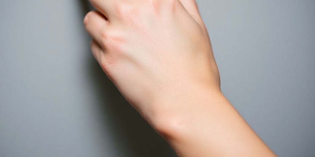 Nahaufnahme einer Hand, die auf einen Unterarm drückt.