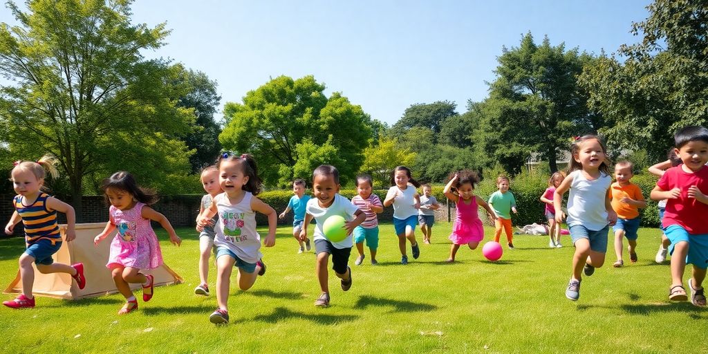 Children playing outdoors in a green park setting.