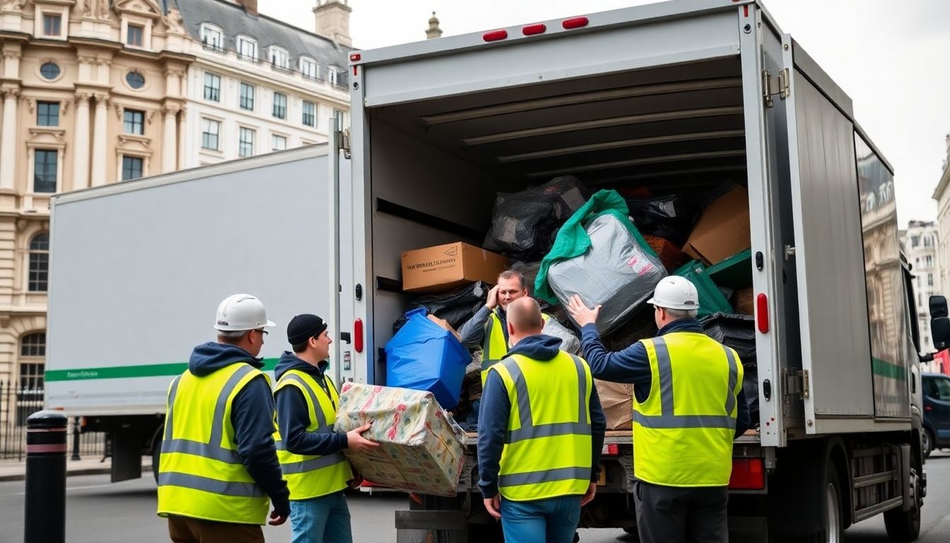 Waste clearance team loading rubbish in London.