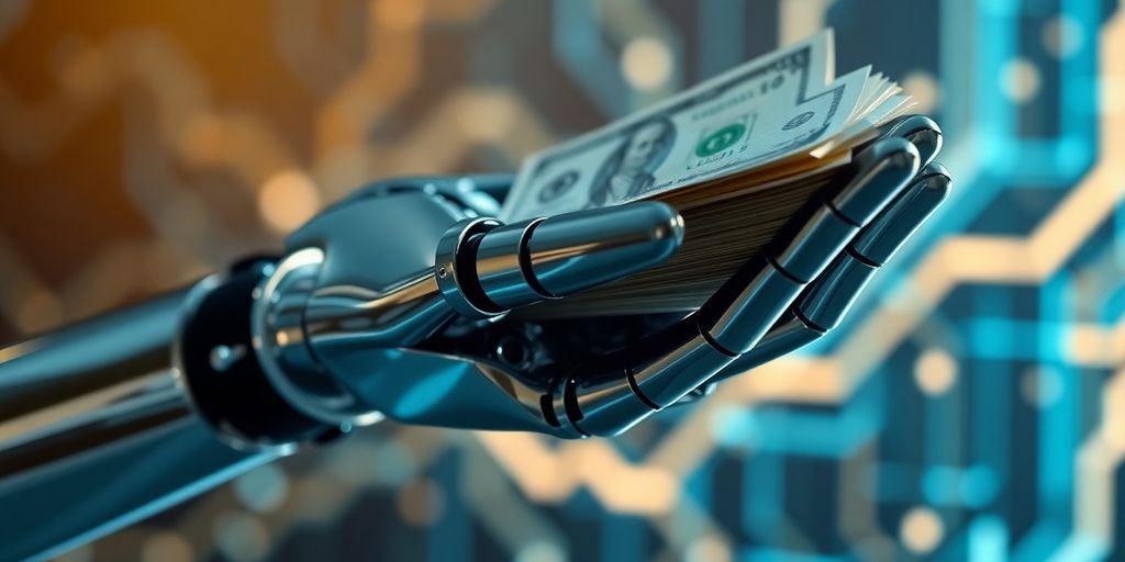 AI robot hand offering money.