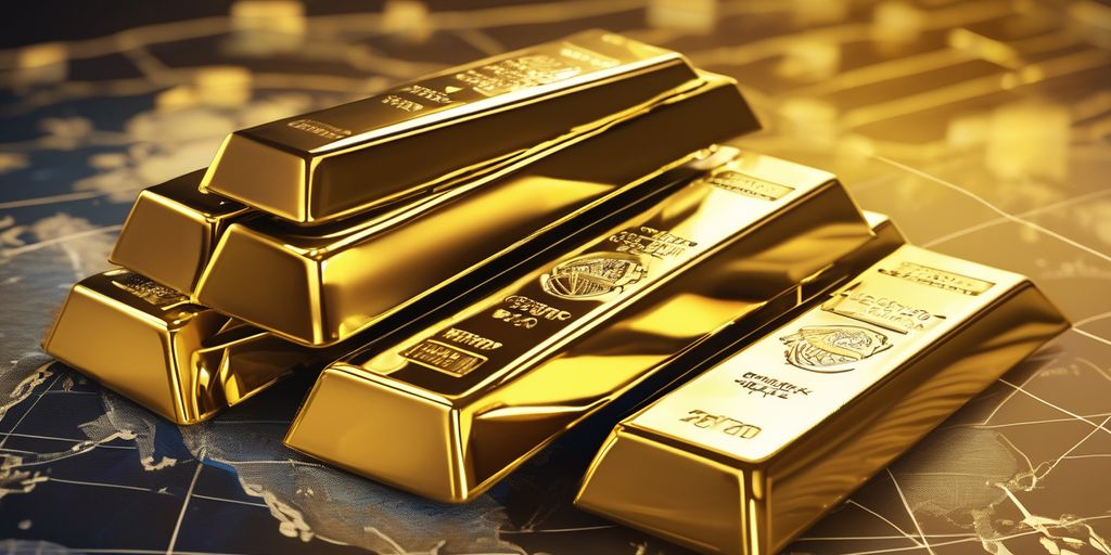 gold bars with fluctuating stock market graph and world map background