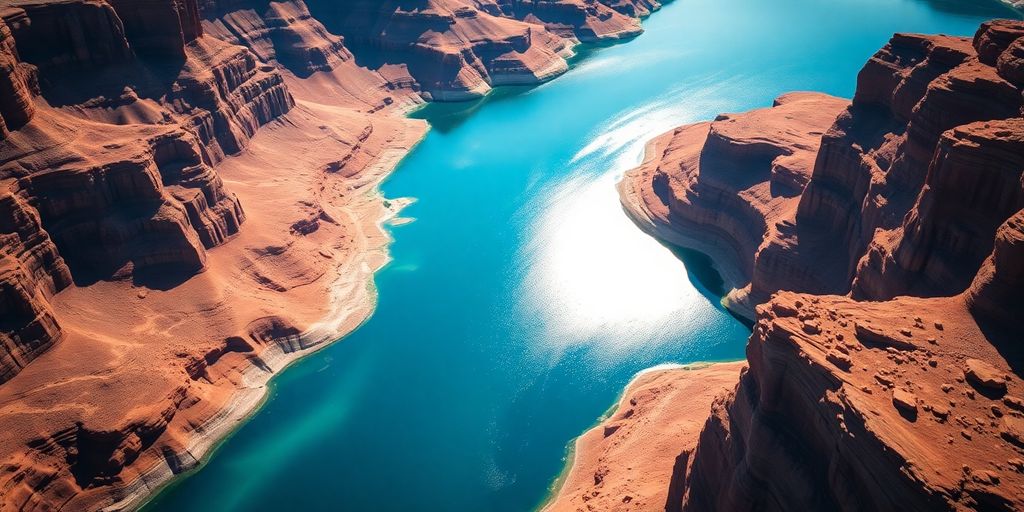 Vue aérienne de Lake Powell avec ses eaux bleues.