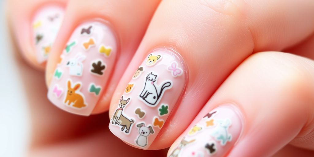 Unhas com adesivos de animais pequenos