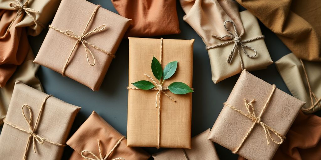 Colourful reusable fabric gift wraps tied with natural twine.